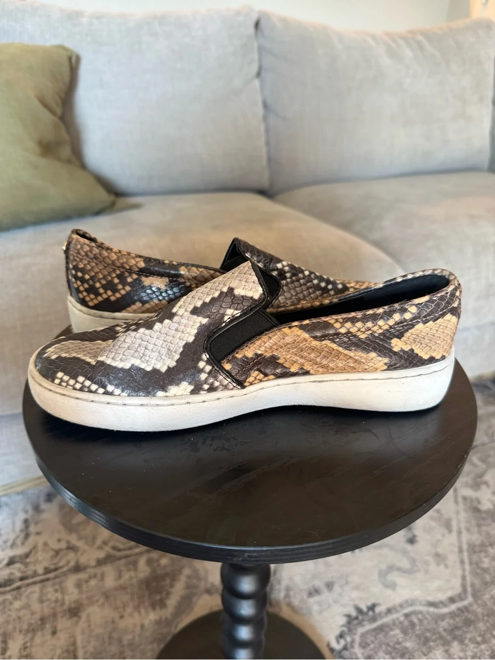Michael Kors Black & Cream Snake-Print Slip-On Sneakers SZ 7